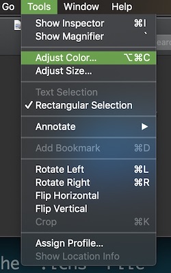 tools menu with adjust color selected